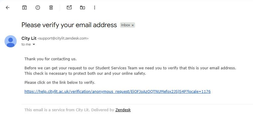 Screen shot of the email with the verification link at the bottom.